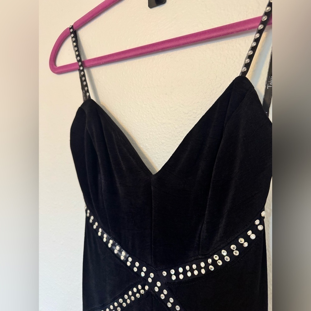 VTG Tadashi Y2K Mini Dress Tank Jeweled Mesh Panel Swing Size Small Black EUC - Picture 5 of 9